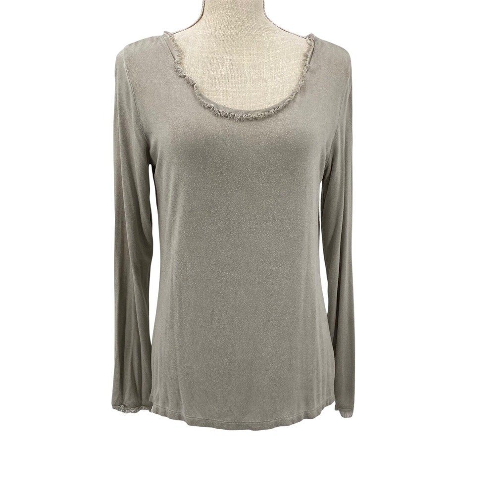 SAGA Women Sz 2 Taupe Grey Ruffle Back Long Sleeve Top Raw Edge Boho Renaissance